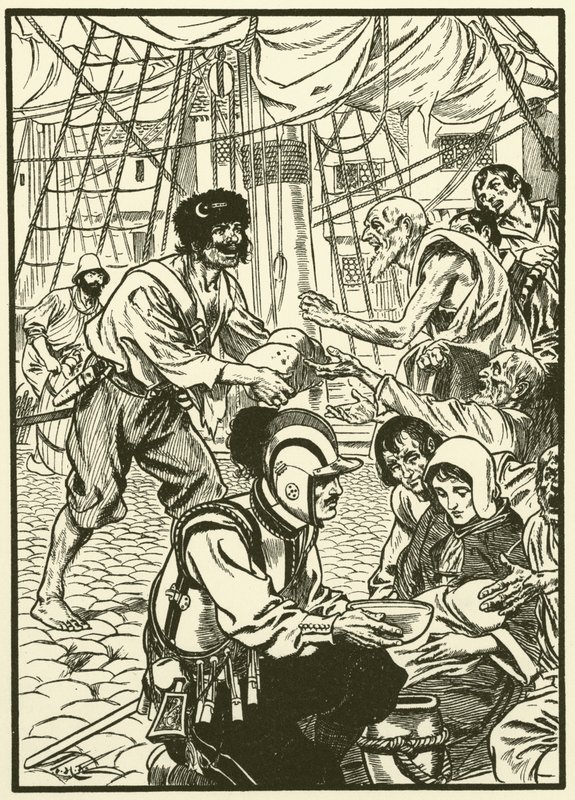Att mata de hungriga medborgarna (gravyr) av Thomas Heath Robinson