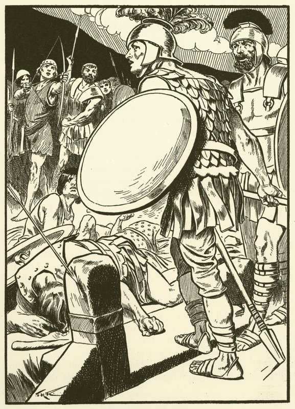 Horatius vid bron (gravyr) av Thomas Heath Robinson