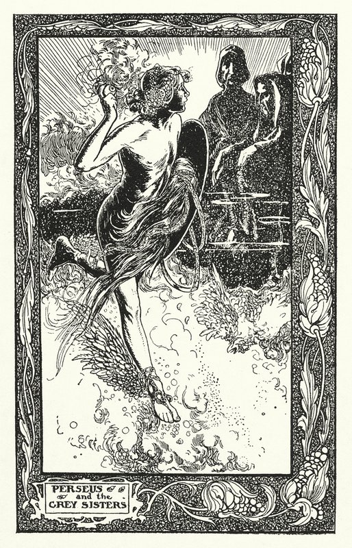 Perseus och de grå systrarna (litografi) av Thomas Heath Robinson