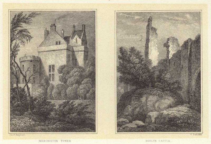 Merchiston Tower; Roslyn Castle (gravyr) av Thomas Hosmer (after) Shepherd