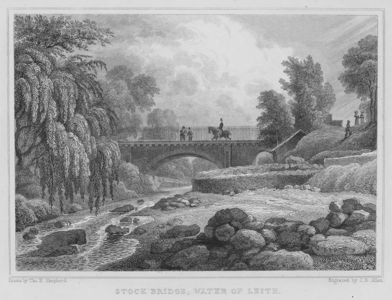 Stock Bridge, Water of Leith (gravyr) av Thomas Hosmer Shepherd