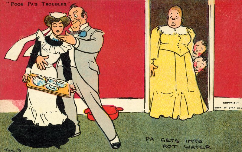 Pappa hamnar i varmt vatten (chromolitho) av Tom Browne