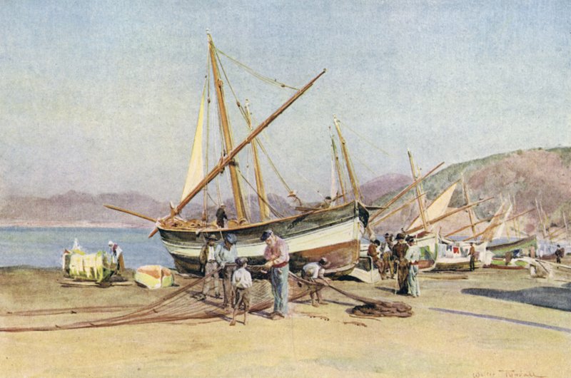Strand, Sestri Levante (färg litho) av Walter Frederick Roofe Tyndale
