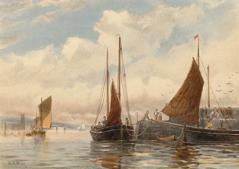 Penzance Luggers vid Newlyn (färglitografi) av Walter William May