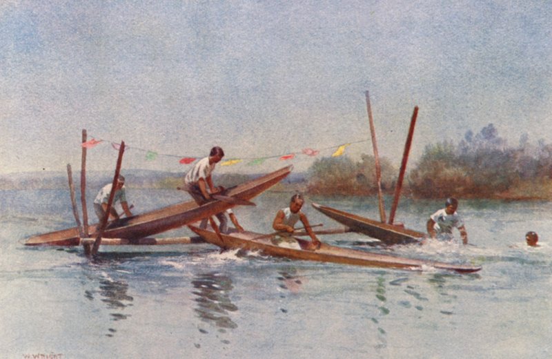 Nya Zeeland: Canoe Hurdle Race (färglitografi) av Walter Wright