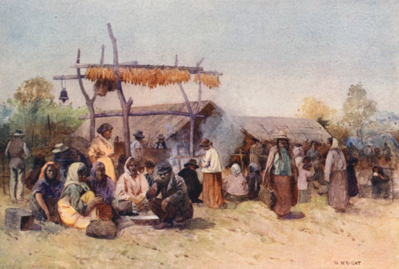 Nya Zeeland: Native Gathering (färglitografi) av Walter Wright