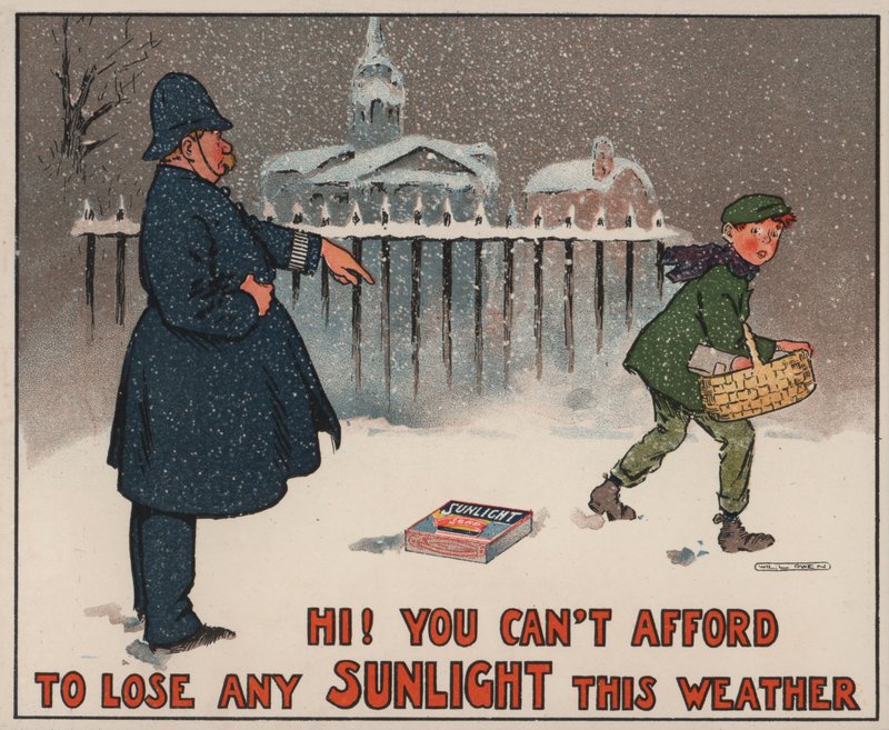 Polis som uppmärksammar en pojke som går i snön att han har tappat sitt tvålpaket: reklam för Sunlight-tvål av Will Owen