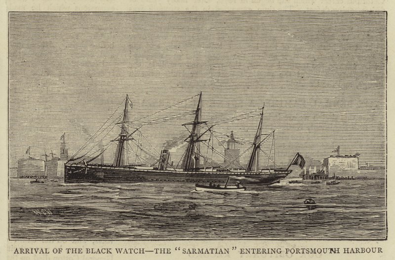 Black Watch anländer, Sarmatian går in i Portsmouths hamn. av William Edward Atkins