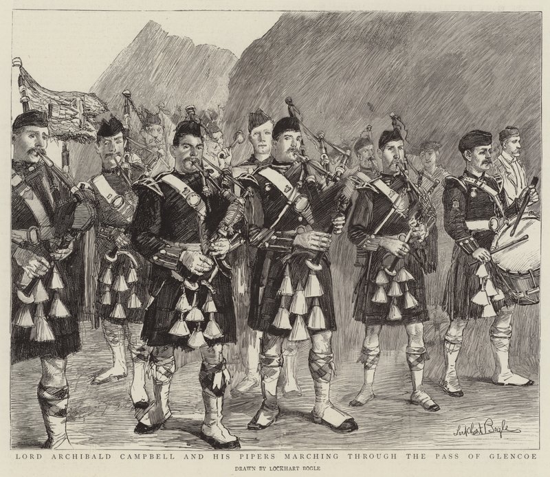 Lord Archibald Campbell och hans pipers marscherar genom Glencoe-passet. av William Lockhart Bogle