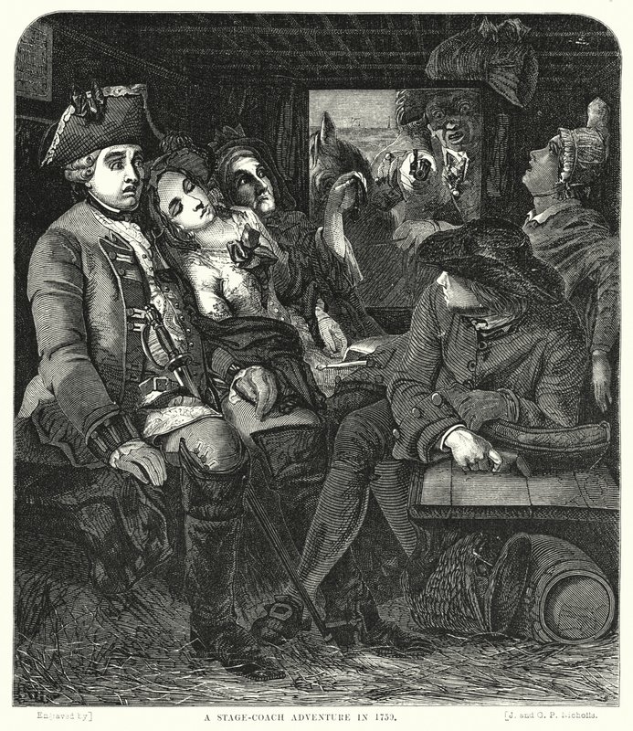 Ett scen-coachäventyr 1750 av William Powell after Frith