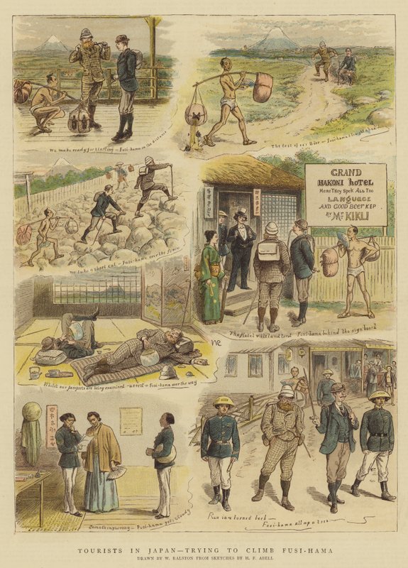 Turister i Japan som försöker klättra Fusi-Hama (chromolitho) av William Ralston