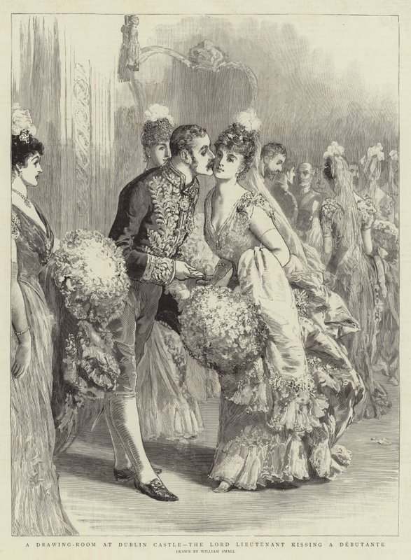 En salong i Dublin Castle, lordlöjtnanten kysser en debutant. av William Small