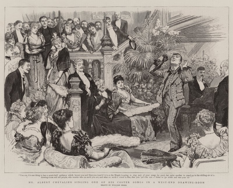 Albert Chevalier sjunger en av sina Coster-sånger i en salong i West-End. av William Small