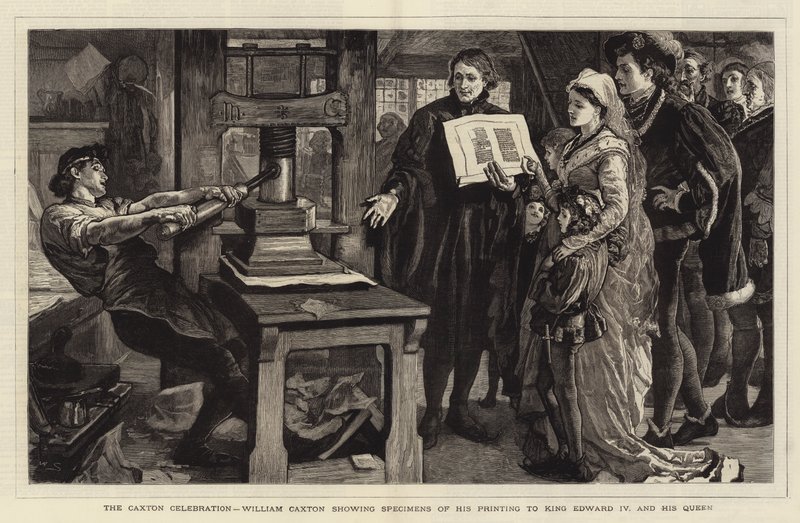The Caxton Celebration, William Caxton visar exemplar av hans tryck till kung Edward IV och hans drottning av William Small