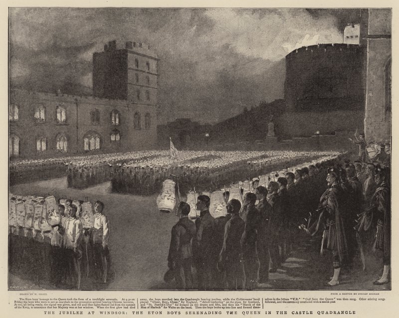 Jubileet i Windsor, Eton Boys sjunger en serenad för drottningen på slottets torg. av William Small