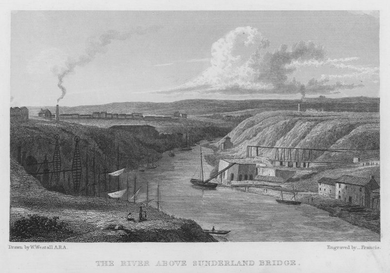 Floden ovanför Sunderland Bridge (gravyr) av William (after) Westall