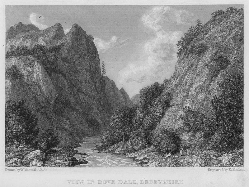 Utsikt i Dove Dale, Derbyshire (gravyr) av William (after) Westall
