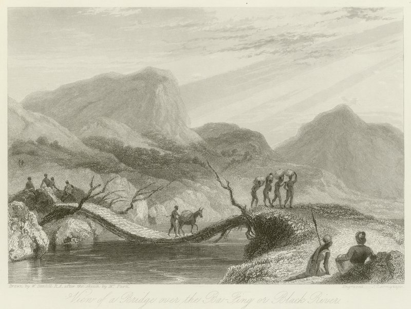 Vy över en bro över Ba-Fing av William Daniell