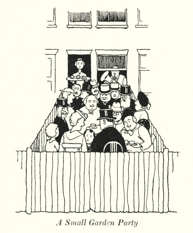 En liten trädgårdsfest (litho) av William Heath Robinson