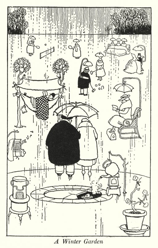 En vinterträdgård (litho) av William Heath Robinson