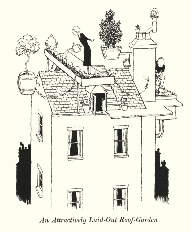 En attraktivt anlagd takträdgård (litho) av William Heath Robinson