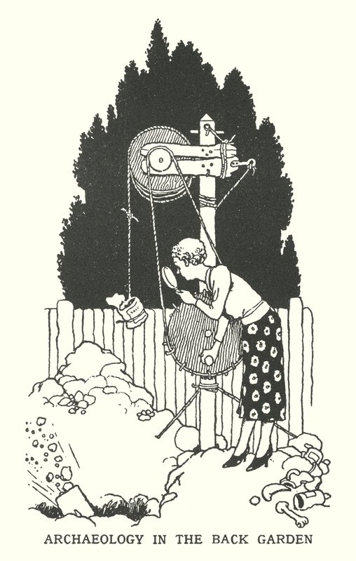 Arkeologi i trädgården (litho) av William Heath Robinson