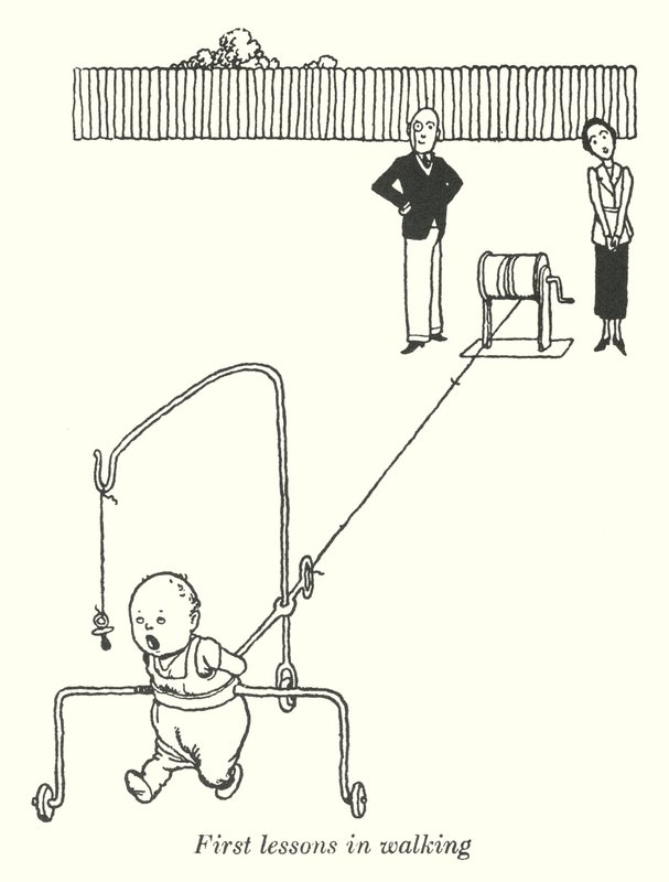 Första lektionerna i promenader (litho) av William Heath Robinson