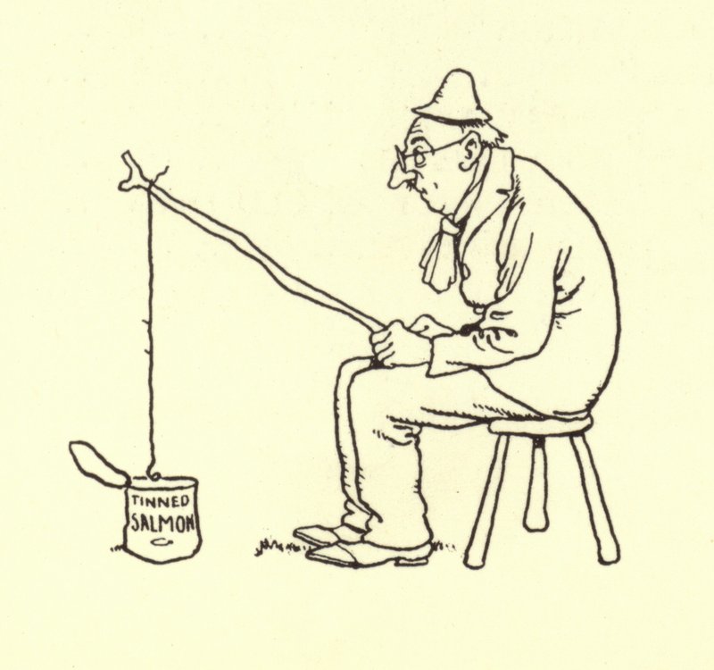 Man som fiskar efter konserverad lax av William Heath Robinson