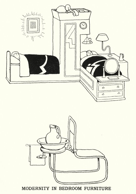 Modernitet i sovrumsmöbler (litho) av William Heath Robinson