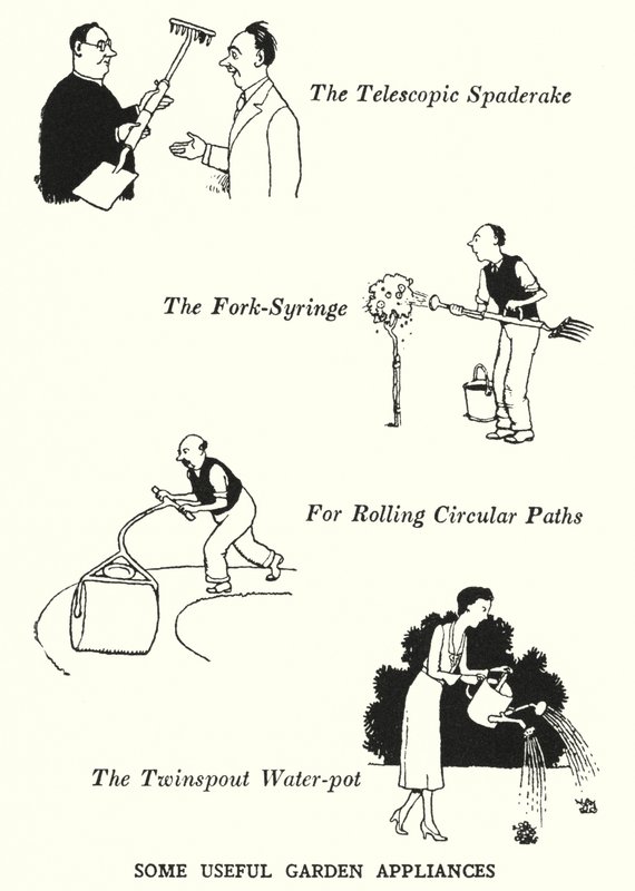 Några användbara trädgårdsapparater (litho) av William Heath Robinson