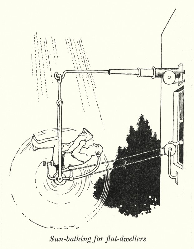 Solbad för lägenhetsbor (litho) av William Heath Robinson