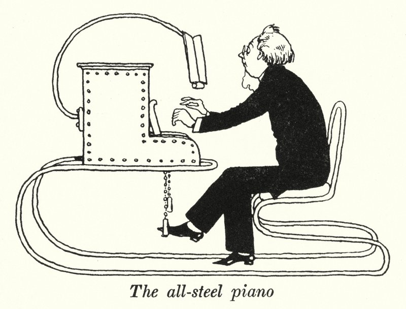 Pianot i helt stål (litho) av William Heath Robinson