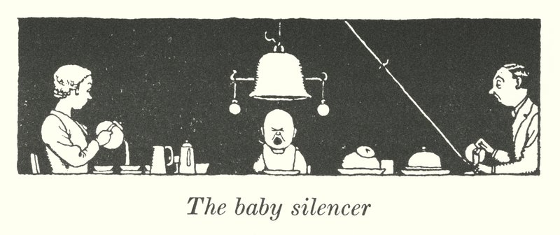 Babyljuddämparen (litho) av William Heath Robinson