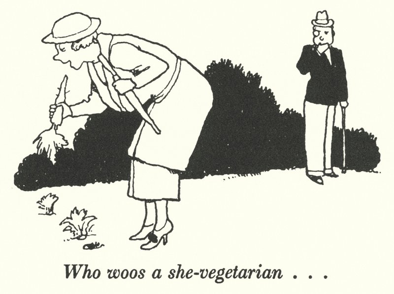 Vem uppvaktar en hon-vegetarian (litho) av William Heath Robinson