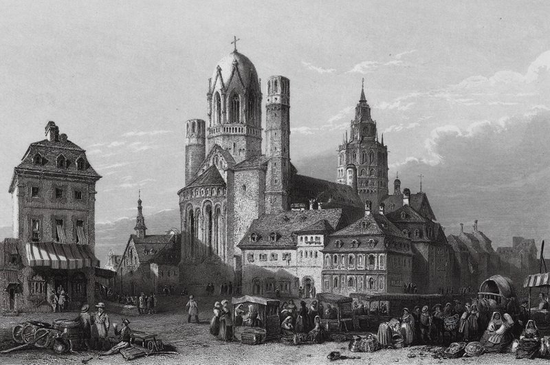 Katedralen i Mayence, Rhenlandet (gravyr) av William Leighton (after) Leitch