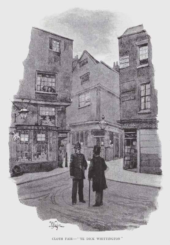 Cloth Fair, "Ye Dick Whittington" (litho) av William Luker