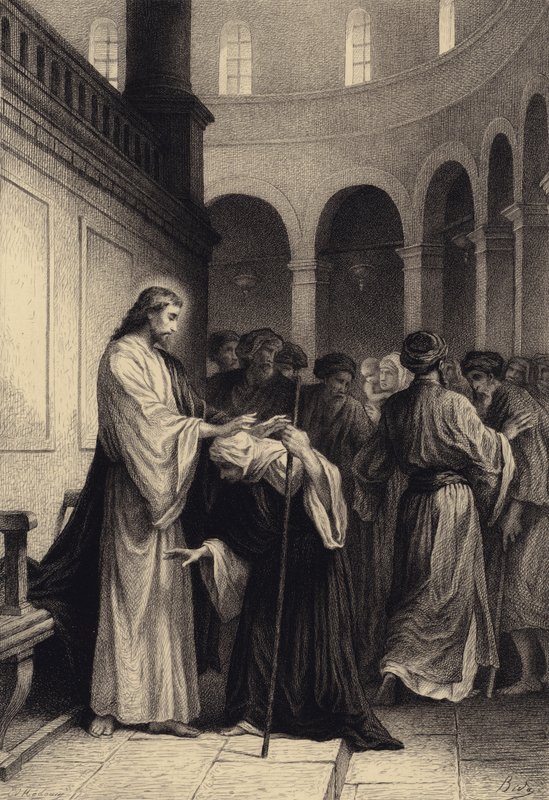 Kristus helar den sjuka kvinnan av after Albert Robida
