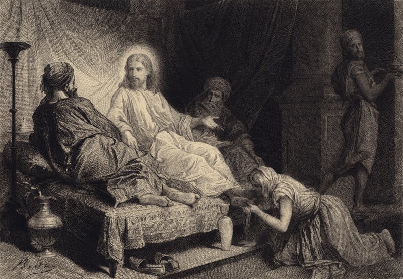 Magdalena vid Jesu fötter av after Albert Robida