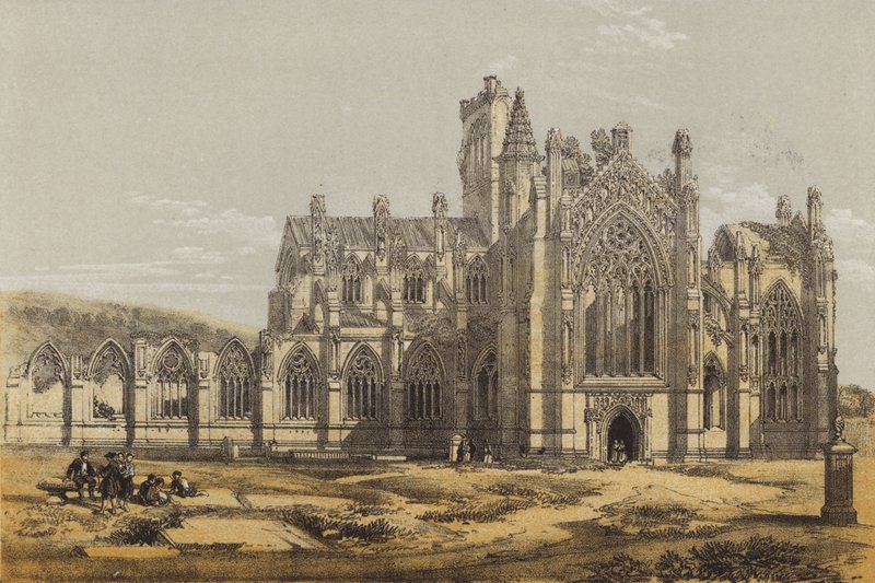 Melrose Abbey, från söder (chromolitho) av after David Roberts