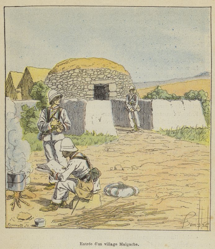 Ingången till en madagaskisk by av after Louis Charles Bombled