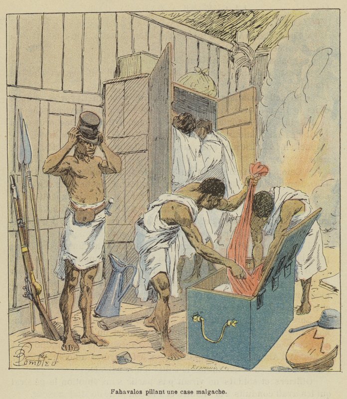 Fahavalos kastar en madagaskisk låda av after Louis Charles Bombled