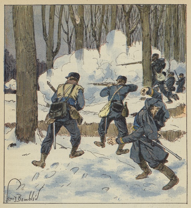 Krypskyttar slåss i skogen av after Louis Charles Bombled