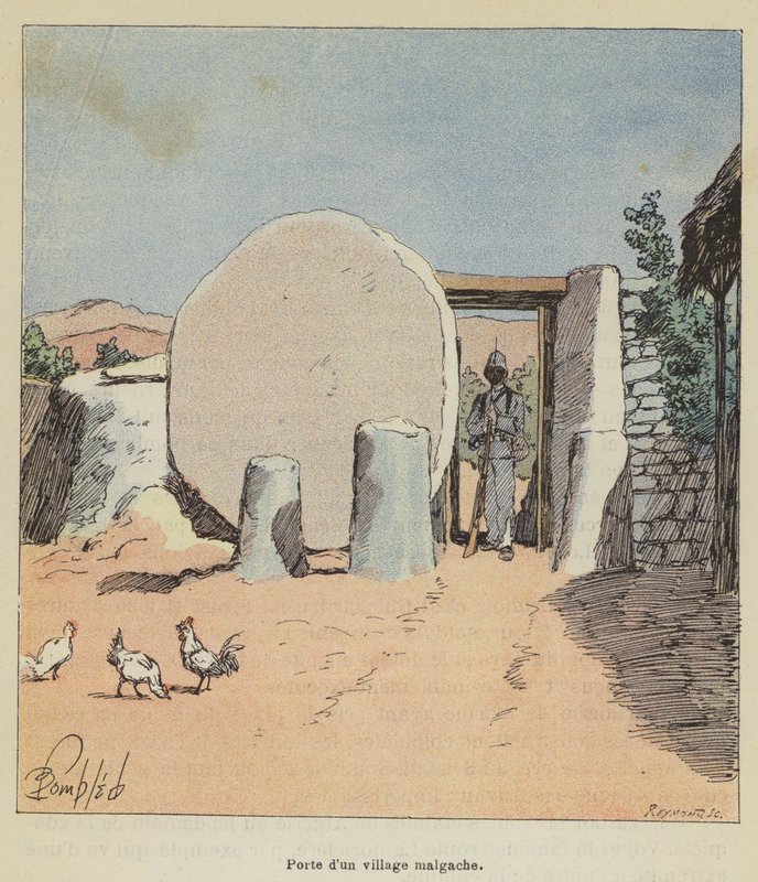 Dörren till en madagaskisk by av after Louis Charles Bombled